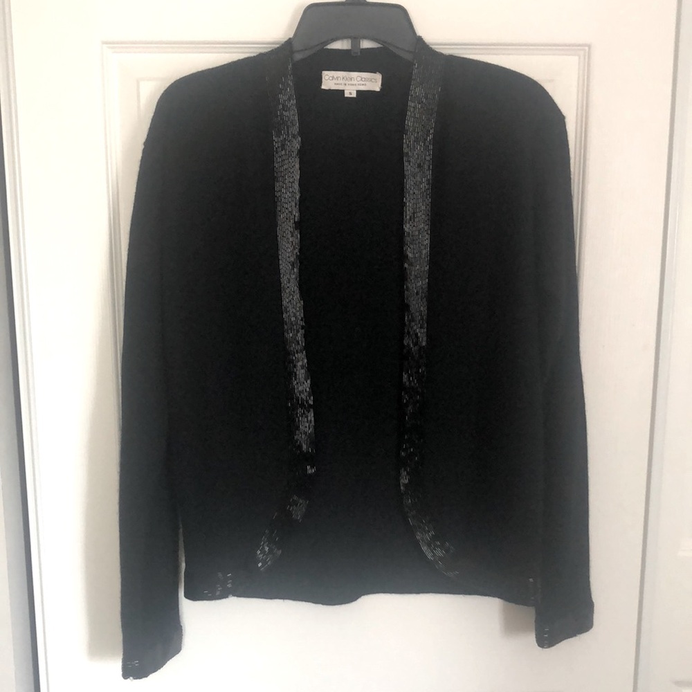 CALVIN KLEIN CLASSICS Vintage Black Beaded Hem Swing Cardigan Sweater Small